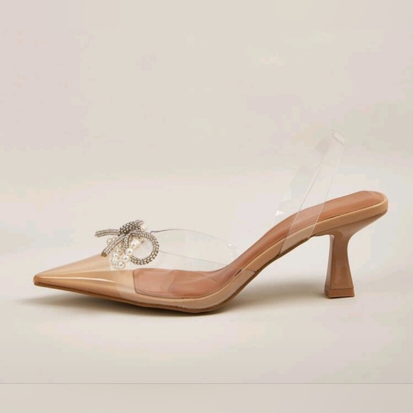 Nude/Clear Pointed Sling Back Kitten Heels with Pearl & Crystal Bow - Picture 3 of 7
